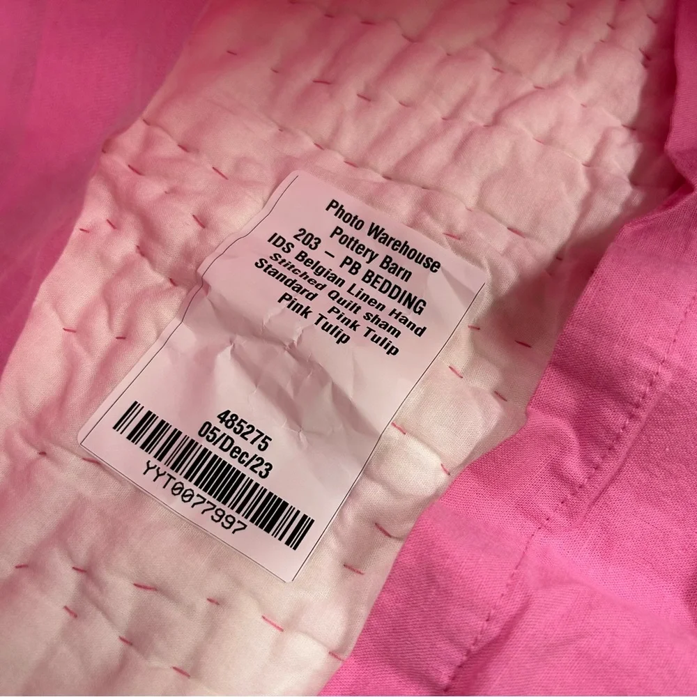 Pottery Barn Standard Pillow Sham Belgian Linen Hand Stitched Quilted Pink Tulip